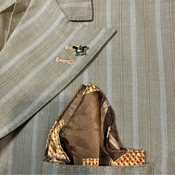 Vintage EJ Samuel 2 Piece Suit + Handkerchief Brown Striped Blazer 46R Pant 40R - Picture 9 of 15